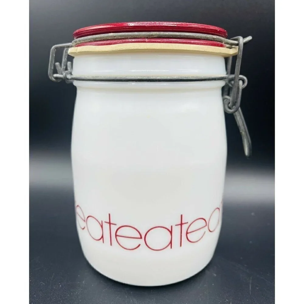 Vintage Wheaton Milk Glass Tea Canister Kitchen Storage White Red Bail Lid 5.75”
